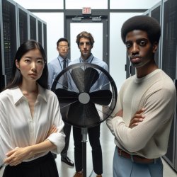 IT people standing in front of a very large fan that's in front Meme Template