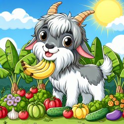 a goat chewing on a garden with banana plants and vegetables Meme Template