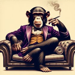 Chimpanzee reclining on a sofa wearing a purple velvet smoking j Meme Template