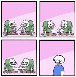 Two monsters shaking hands and looking at a regular person Meme Template