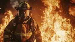 fire fighter amid flames stockcake Meme Template