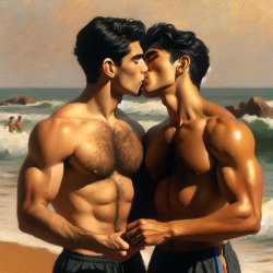 Two well muscled young men with dark hair, hairy chests, speedos Meme Template