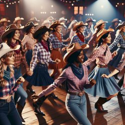 women wearing cowgirl hats and cowgirl boots line dancing. Meme Template