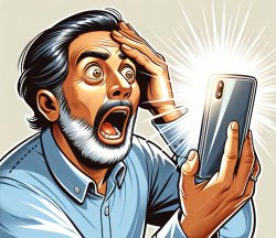 a middle aged man holding his phone with one hand and his other Meme Template