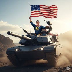 Gavin Newsom as a superhero driving a tank Meme Template