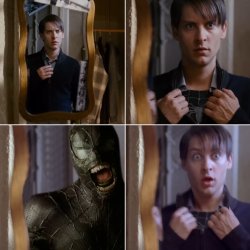 Spider-Man sees himself becoming Venom in the mirror Meme Template