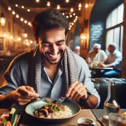 Man in a restaurant loving his food Meme Template