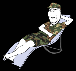 Military soldier soyjak resting on lawn chair Meme Template