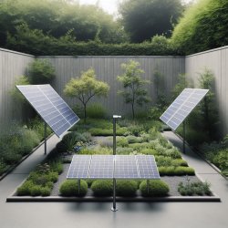 backyard garden w ONE angled small solar panel on 4 ft metal pol Meme Template