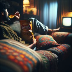 Isang tao na nakahiga sa sofa, may chips sa kamay. Meme Template