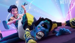 Zoey doing a grapple takedown on a demon Meme Template