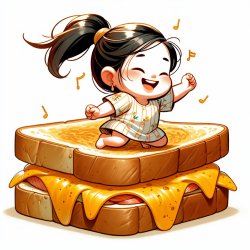 A small girl sitting on a gigantic grilled cheese while dancing Meme Template