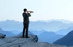 man looking through monocular on cliff Meme Template