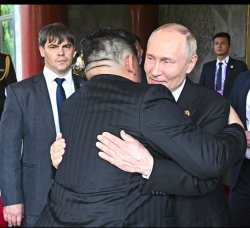 Putin and Kim hug Meme Template