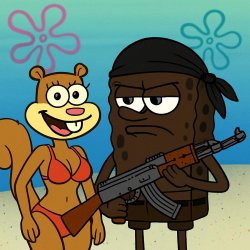black SpongeBob with a du-rag on holding a ak-47, with sandy che Meme Template