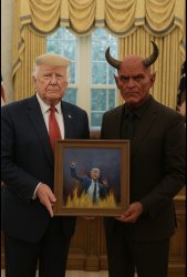 Donald Trump with Lucifer holding painting of hell Meme Template