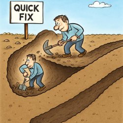 Man digging tunnel labeled “quick fix” that turns into miles. Meme Template