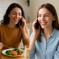 two women talking over phone . one infront of food. Meme Template