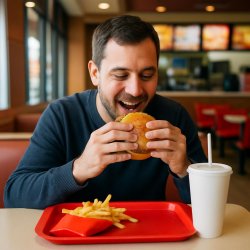 Man eating at a fast food restaurant Meme Template