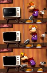 Rayman tryna turn off the TV by unplugging it Meme Template
