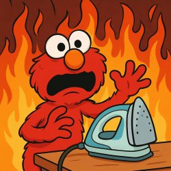 Elmo looking scared with an Iron on a table and fire in the back Meme Template