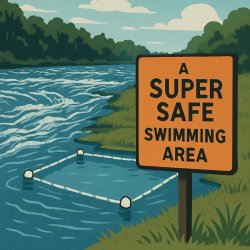"A SUPER SAFE marked off SWIMMING AREA" on the right of a rapidl Meme Template