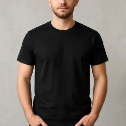 Person wearing blank black tee shirt Meme Template