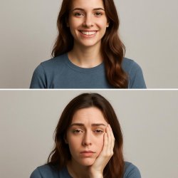 Two-panel meme with a young woman: top panel smiling confidently Meme Template