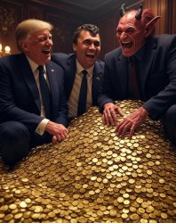 Donald Trump, Charlie Kirk, Satan laughing pile of gold Meme Template