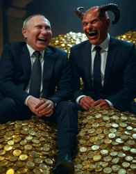 Vladimir Putin Satan laughing on a pile of gold Meme Template
