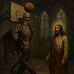 a demon trying to shoot a basketball to the net but missed and j Meme Template