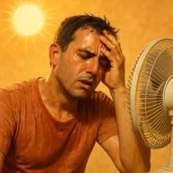 Picture of someone sweating under the sun with an electric fan t Meme Template