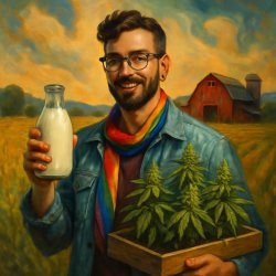 Gay entrepreneur selling milk and weed,farmer background Meme Template