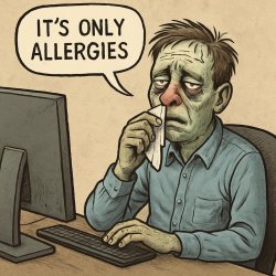 very sick person sitting at a computer at work saying "it's only Meme Template