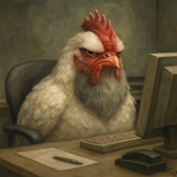 grumpy white chicken, with a grey breard sitting at an office de Meme Template