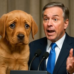 A puppy with big sad eyes, next to a politician giving a speech Meme Template