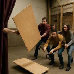 From behind curtain area, an unseen PERSON throws large piece th Meme Template