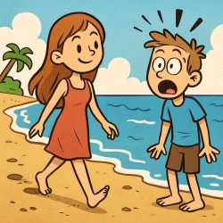 a girl walking barefoot on the beach with a man shocked looking Meme Template