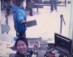 Bank teller laughs at robber with meat cleaver Meme Template