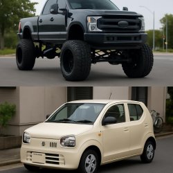 Image: Split panel  Top: A huge lifted American truck  Bottom: A Meme Template