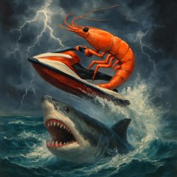 a shrimp jet sking over a shark in a storm Meme Template