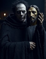 ugly, evil satanic man holding Jesus mask JPP Meme Template
