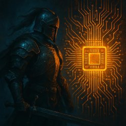 warrior art next to a glowing circuit board Meme Template