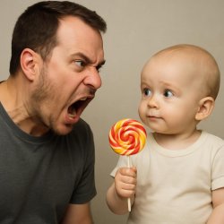 Grown man yelling at a baby with a lolipop, the child is acting Meme Template