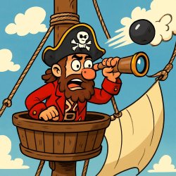 Pirate standing in the crows nest of his ship with a spyglass lo Meme Template