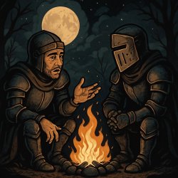 knight sitting around a bonfire at night talking to his bro in d Meme Template