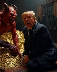 Donald Trump kneeling before Satan and a pile of gold Meme Template