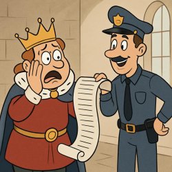 a king looking panick at a long page that the cop is showing him Meme Template