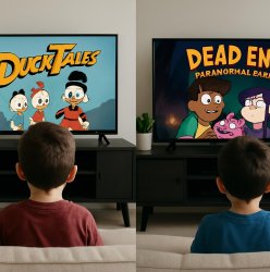 Boys watching cartoons 1995 compared to 2025 Meme Template