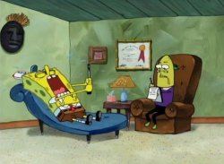SpongeBob cries to psychiatrist with broken spatula Meme Template